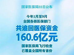 国家医保局 今年前9月共追回医保资金160.6亿元