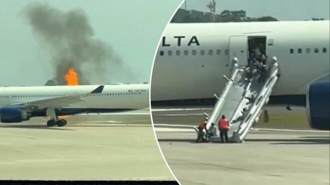 达美航空客机引擎起火 乘客应急滑梯逃生
