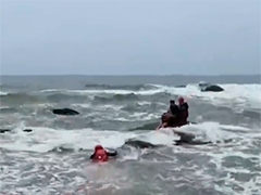 广东湛江民警冒险攀爬礁石救助被困老人